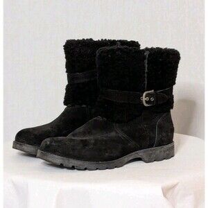 UGG Blayre II Boots Black Sz 8 Shearling Sheepskin  Buckle Moto Warm Comfort EUC